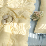 ensemble literie jaune bleu 150x200cm 180x220cm 200x230cm taies oreillers bord festonné