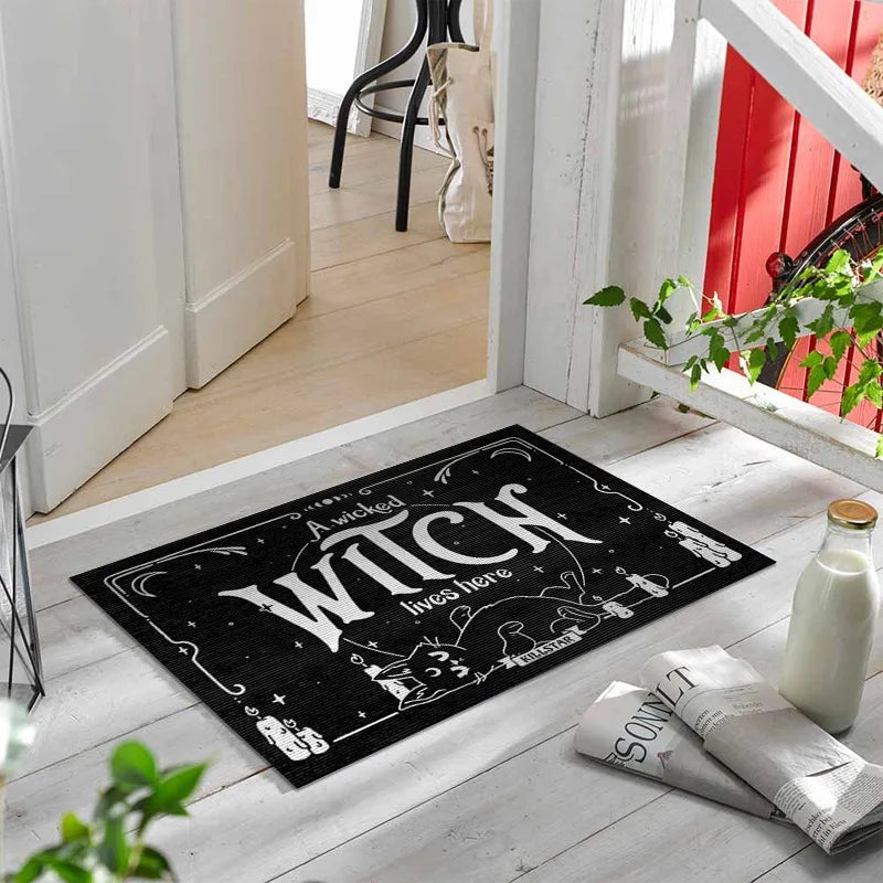 tapis sol noir thème surnaturel sorcière planche ouija crânes anti bactéries antidérapant résistant décoloration