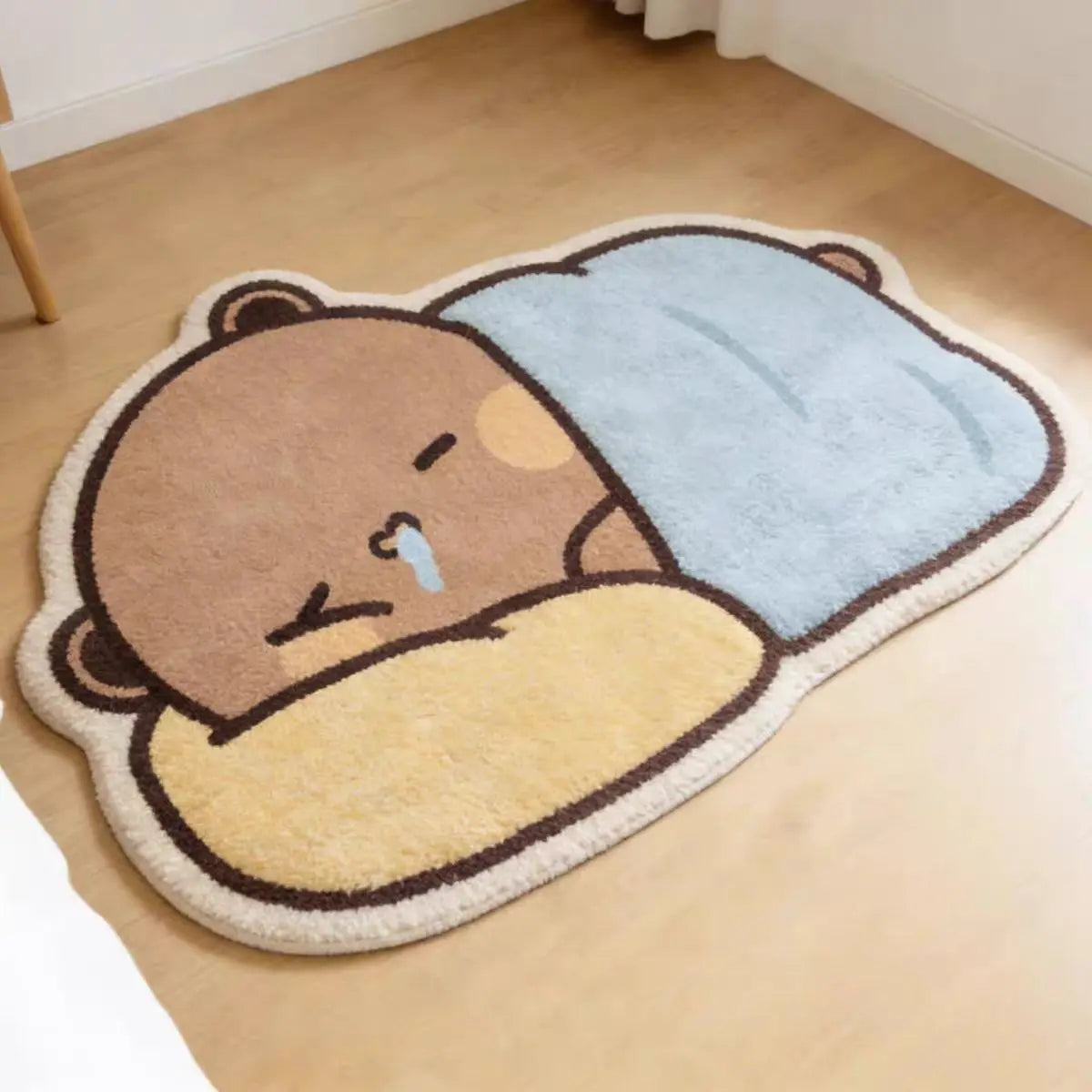 tapis peluche ours endormi dessin animé blanc marron bleu vert cartoon doux confortable chambre
