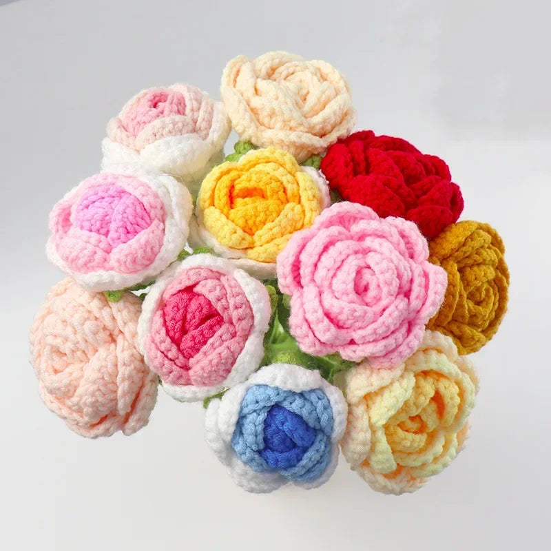 bouquet roses tricotées crochet fleurs artificielles décoration mariage cadeau anniversaire maison intérieur