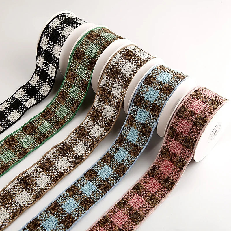 ruban carreaux polyestère noir blanc marron vert rose bleu clair tissé rustique double face