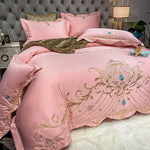 ensemble literie classique broderie dorée motifs floraux beige rouge violet bleu vert