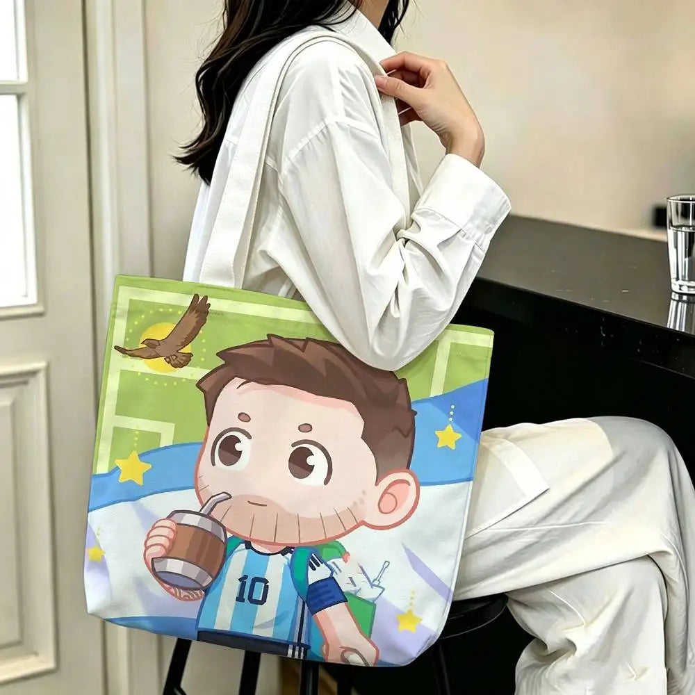 sac main blanc bleu clair rayures messi 10 polyestère réutilisable moderne graphique poignées détachables