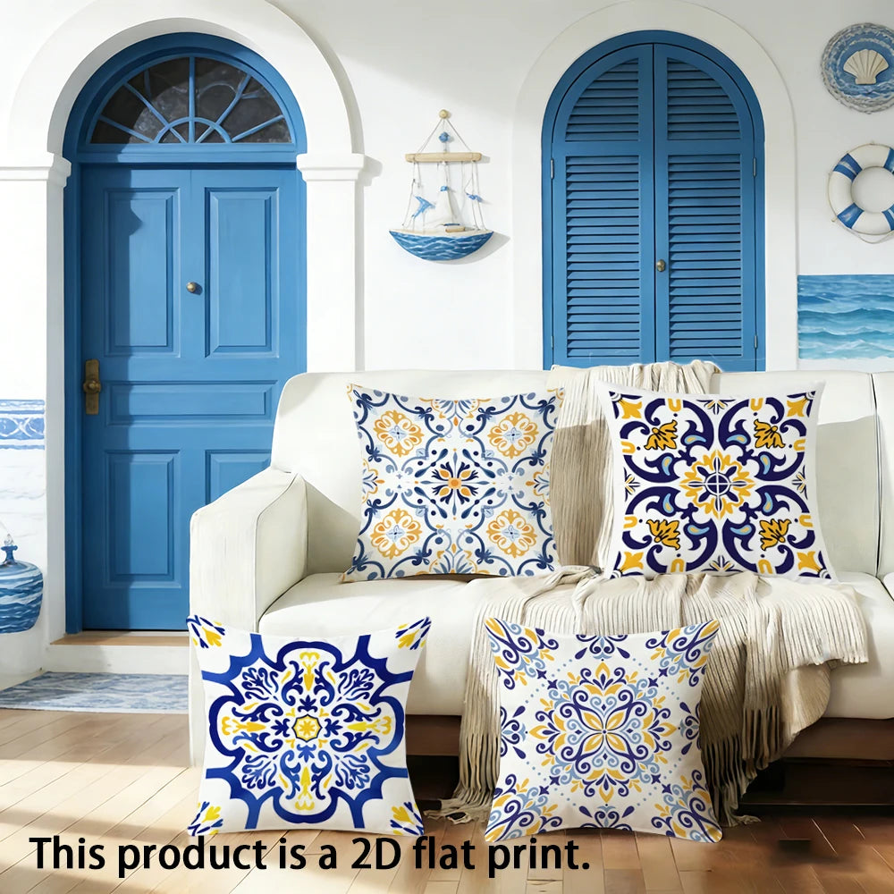 housse coussin ornements floraux moderne 100% polyester blanc bleu jaune 40x40cm 45x45cm 50x50cm 60x60cm