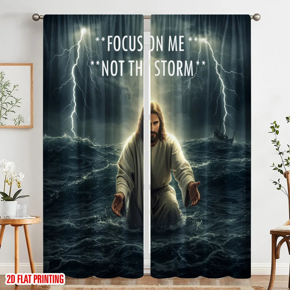 rideau moderne religieux jésus focus storm faith bleu blanc gris polyester opacité deux panneaux