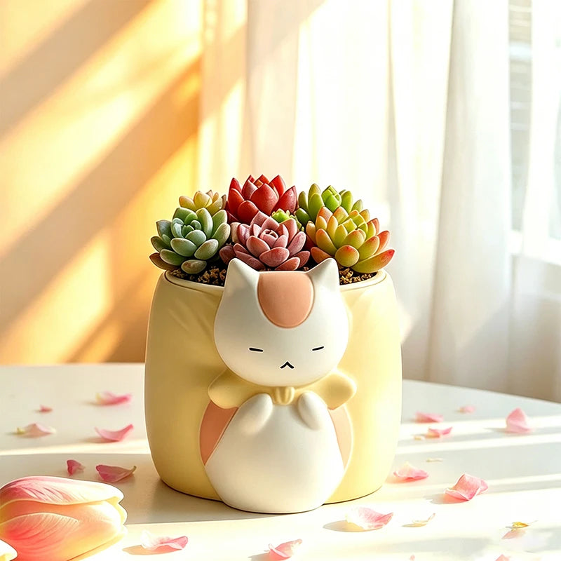 pot résine chat stylisé succulentes couleur jaune blanc orange décoration maison balcon fenêtre