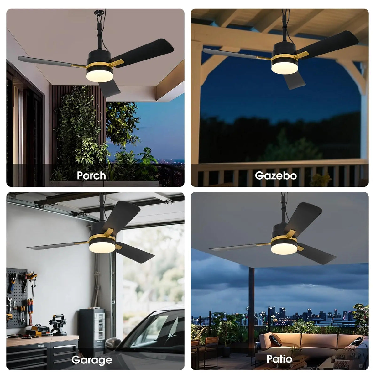 ventilateur moderne led télécommande lumière noir doré fixations chambre salon