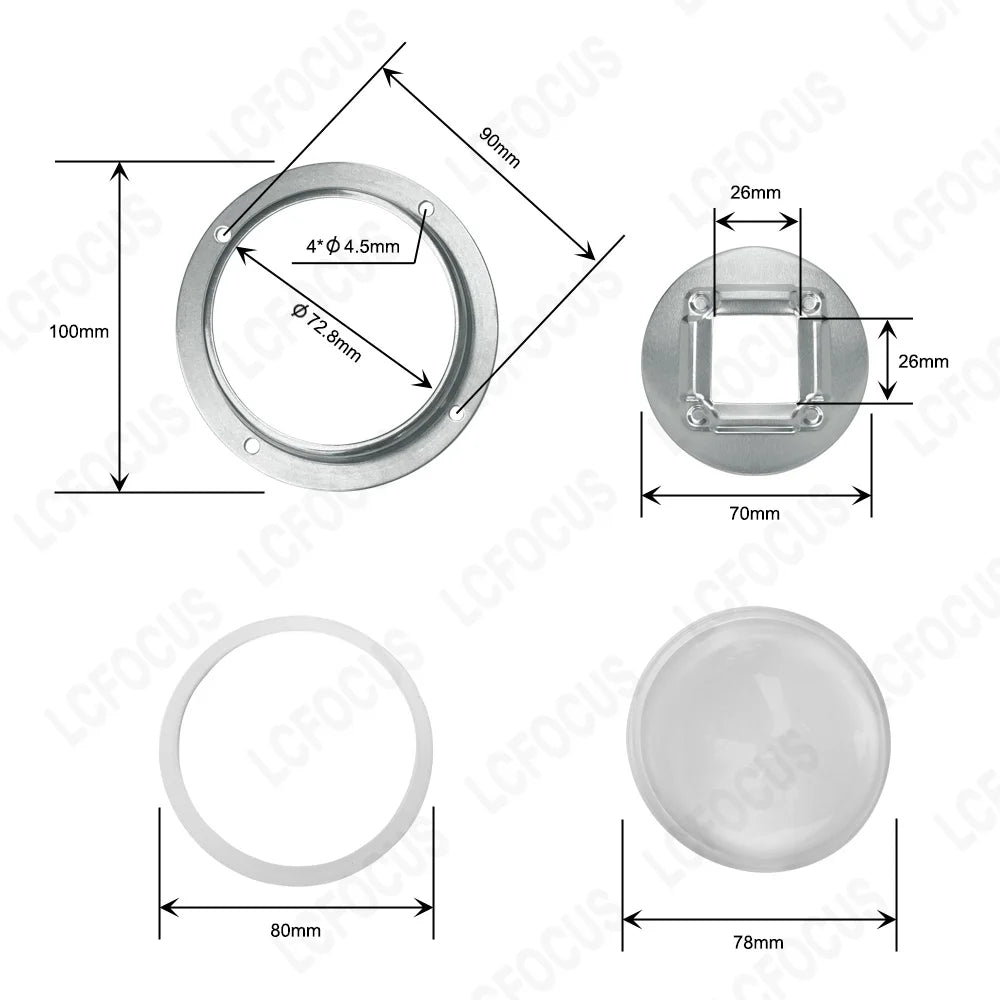 lentille led transparente verre optique 78mm 30 45 60 90 120 degrés support fixe