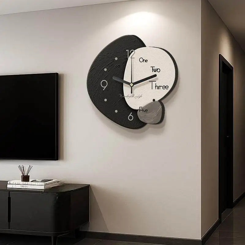horloge murale moderne noir blanc gris géométrique texture bois opaque fixée