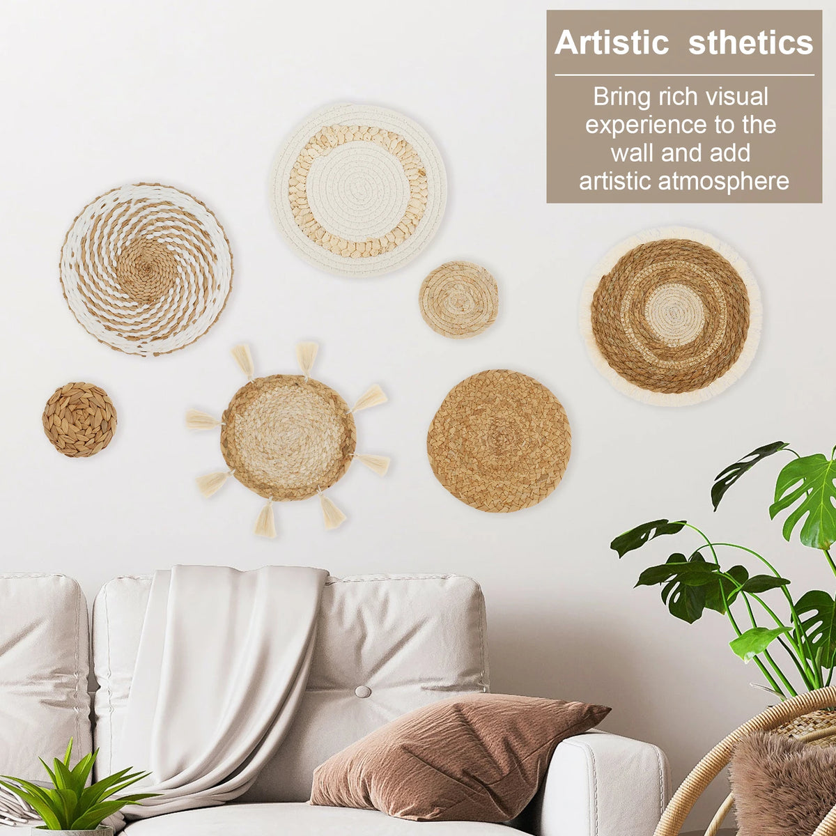 décorations murales bohèmes paniers tressés franges motifs naturels anneaux suspension