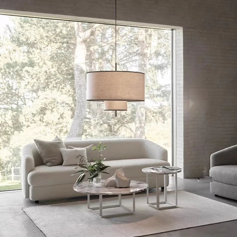 lampe suspendue moderne abat jour tissu texture lin trois tailles différentes lumière chaude blanc