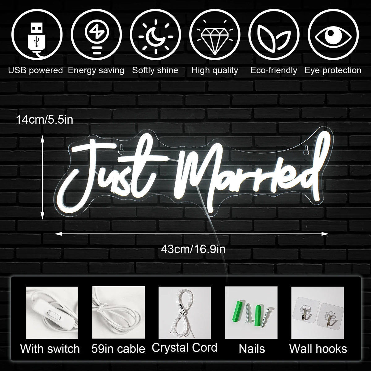 néon lumineux Just Married moderne transparent câble USB multicolore blanc roseDecorationMurialePartie