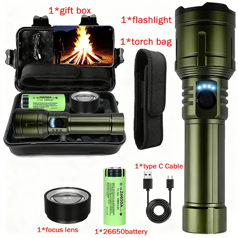 lampe torche vert olive texturée moderne robuste lentille fresnel bouton contrôle poignée zoomable modes