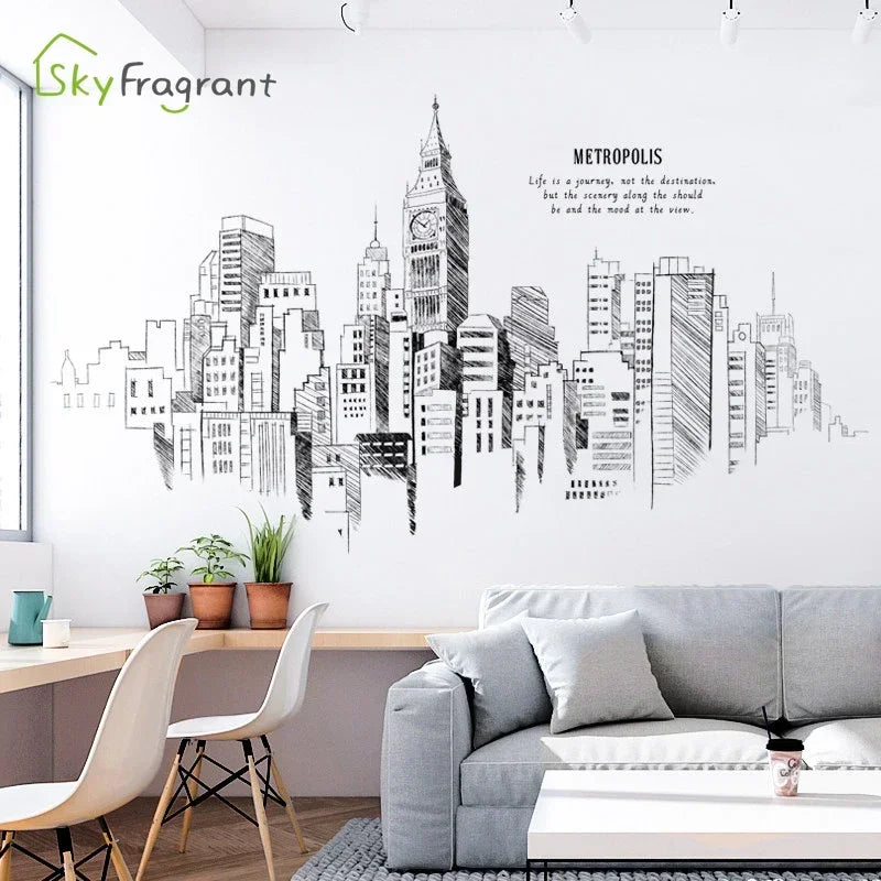 autocollant mural ville gratte ciels metropolis noir blanc moderne graphique minimaliste sofa salon decoration