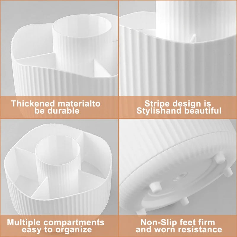 boîte rangement rotative blanc rayures verticales moderne pieds non slip compartiments pinceaux maquillage produits