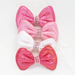 rubans forme noeud rayés pailletés blanc rose clips pinces décoration enfantine opaques nylon pack