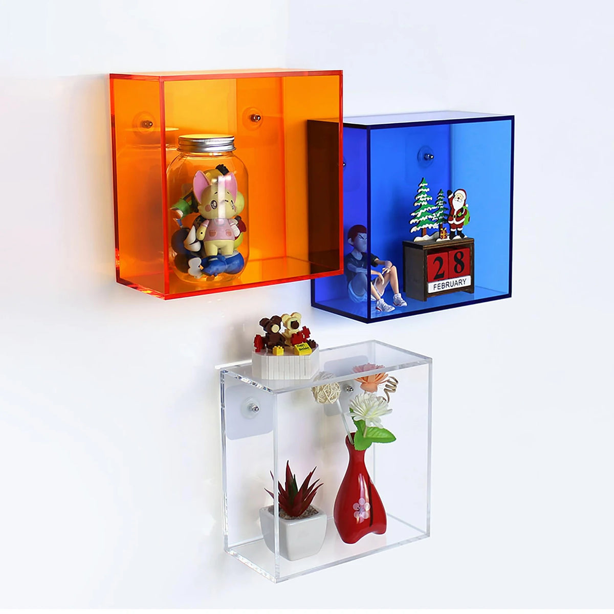 étagère murale cube transparent acrylique décoration plantes photos salon moderne intérieur