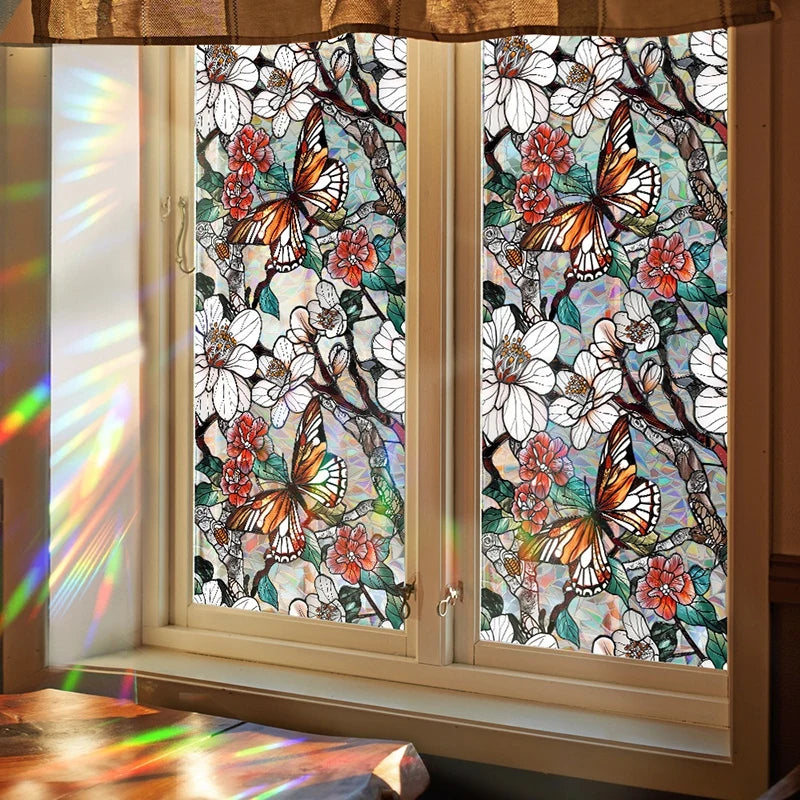 film vitrail fleurs papillons adhésif multicolore décoratif fenêtre opacité artiste