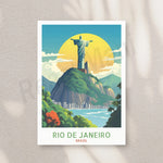 L'image représente le paysage emblématique de Rio de Janeiro, au Brésil, avec le célèbre Christ Rédempteur dominant la ville et les montagnes verdoyantes, sur fond de mer et de ciel.