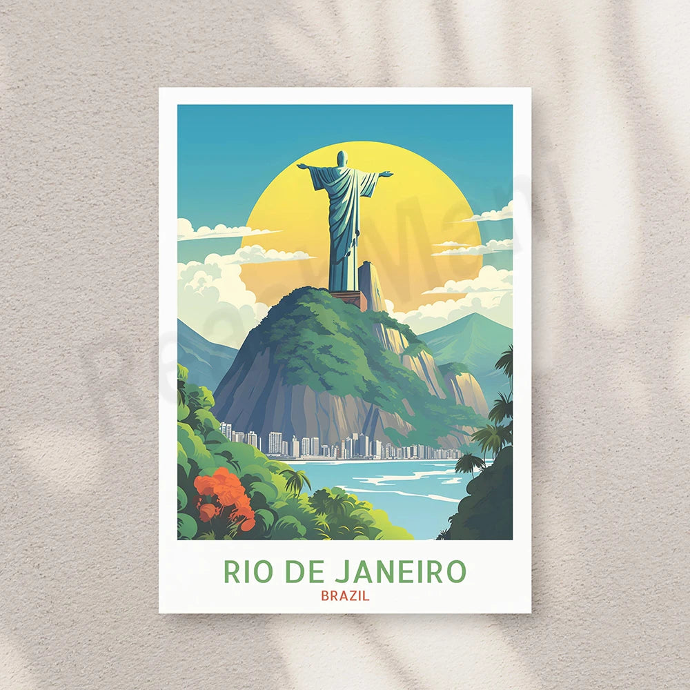 L'image représente le paysage emblématique de Rio de Janeiro, au Brésil, avec le célèbre Christ Rédempteur dominant la ville et les montagnes verdoyantes, sur fond de mer et de ciel.