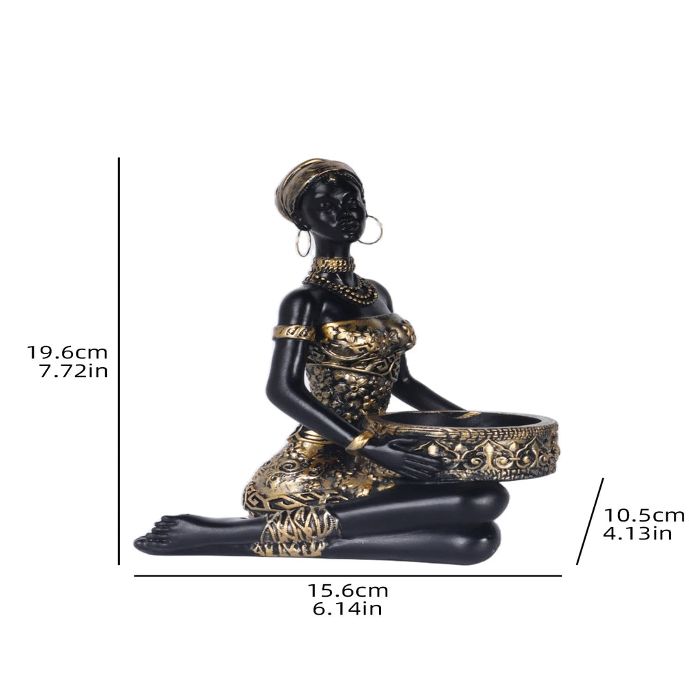 statue décorative artisanale ethnique noire blanche dorée bijoux plante pot bougie hauteur 19.6cm largeur