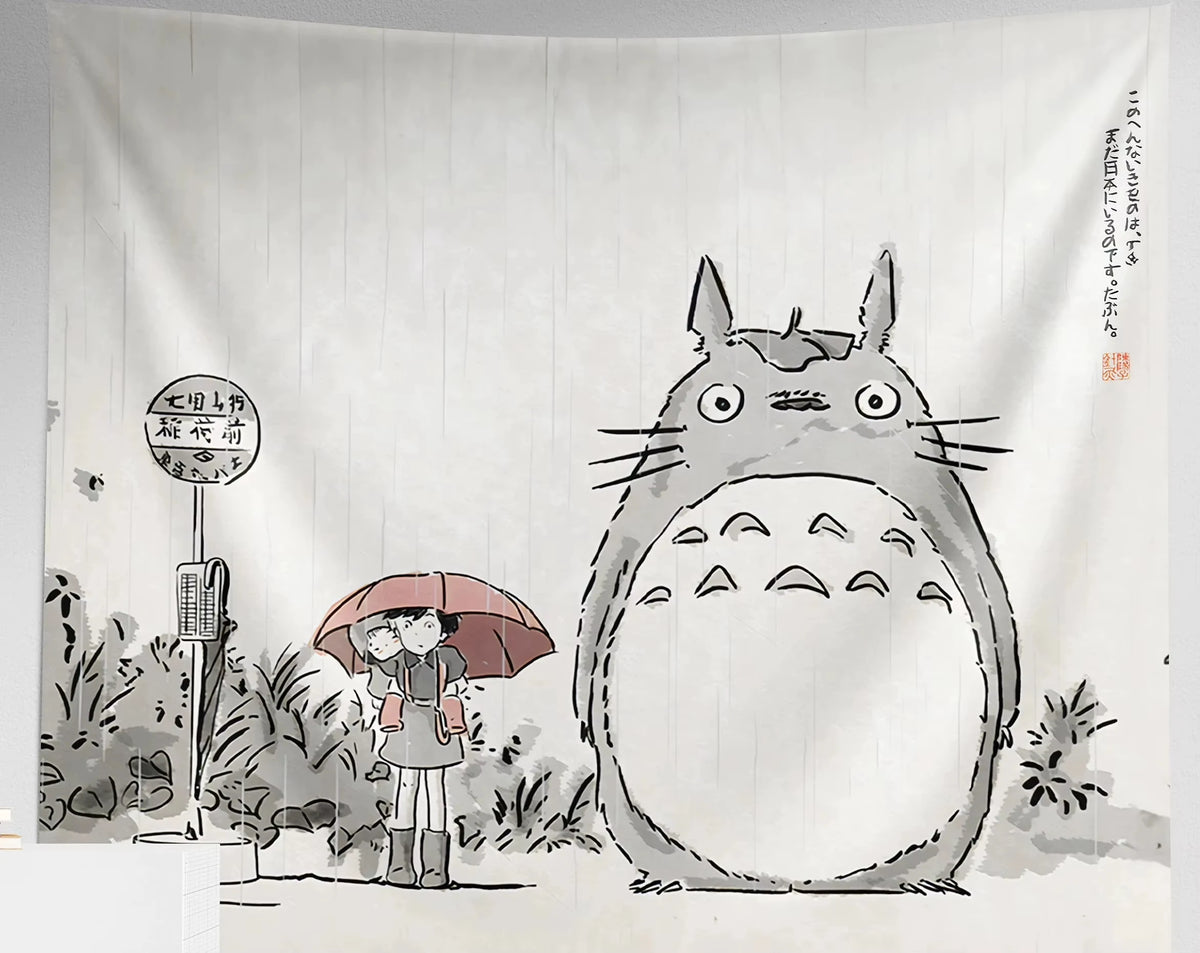 tapisserie murale dessin animé totoro personnages parapluie blanc gris rose japonais