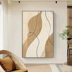 tableau abstrait moderne minimaliste toile points dorés lignes courbes beige blanc noirintérieur décoration chambre