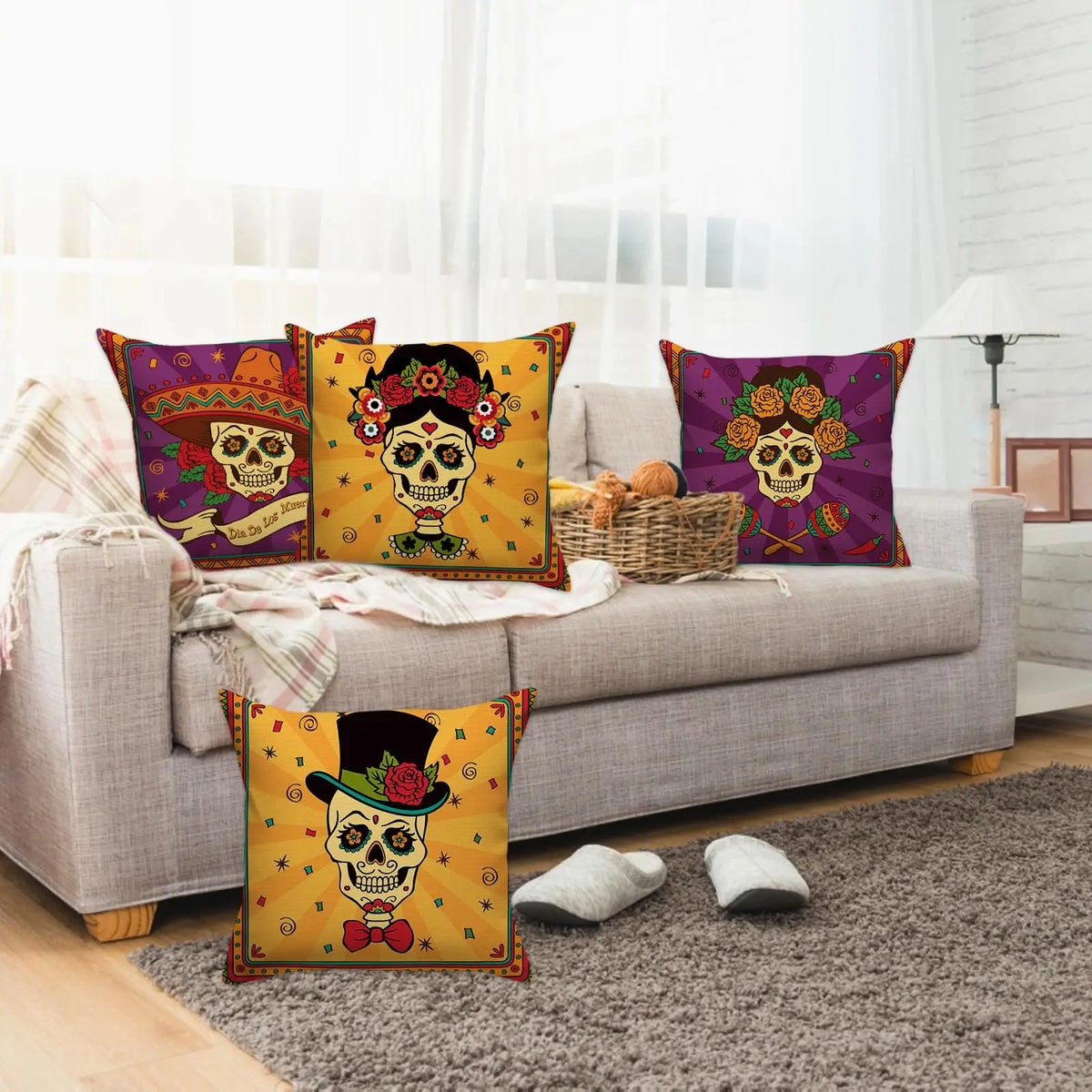 ensemble quatre taies d'oreiller décoratives crâne mexicain fleurs violet jaune folklorique maison