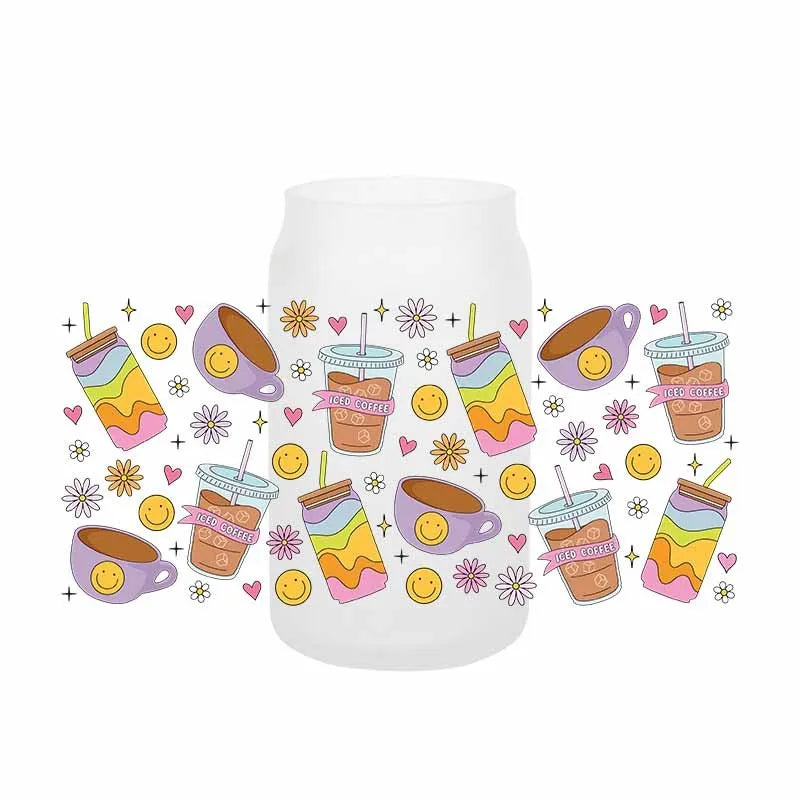 autocollants transfert motif coeurs boissons cartoon transparent opaques tasses croissants glaces bouteille verre couvercle