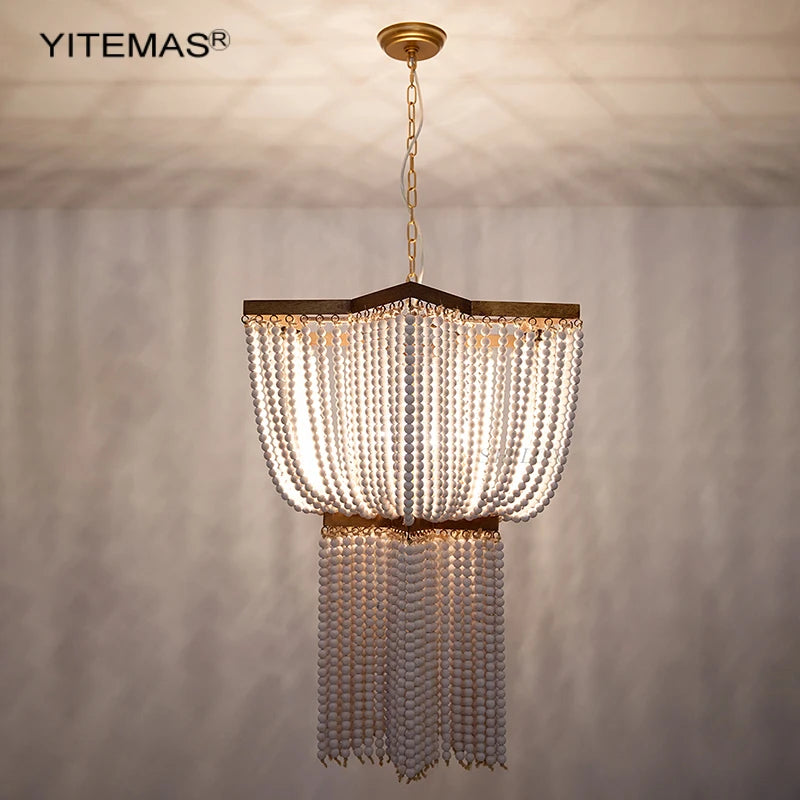 lampe suspendue bois blanc doré moderne vintage chaîne métallique e14 5sockets