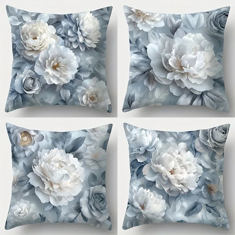 taies d'oreiller décoratives floral bleu clair fleurs blanches gris zipper closure polyester peachskin 45x45cm