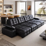 canapé d'angle moderne cuir noir boutons carrés coussins reposé pieds multifonctionnel