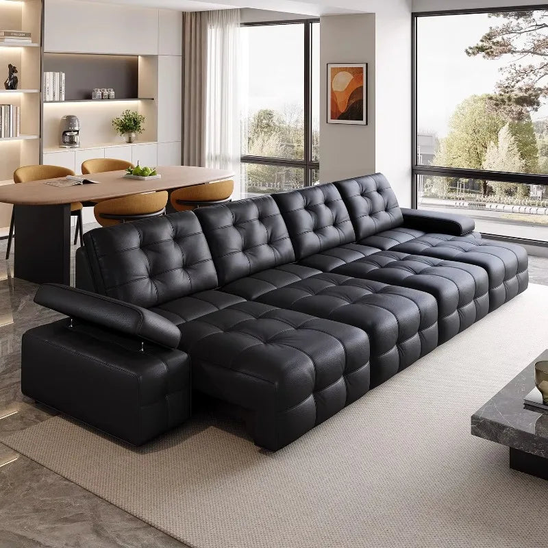 canapé d'angle moderne cuir noir boutons carrés coussins reposé pieds multifonctionnel