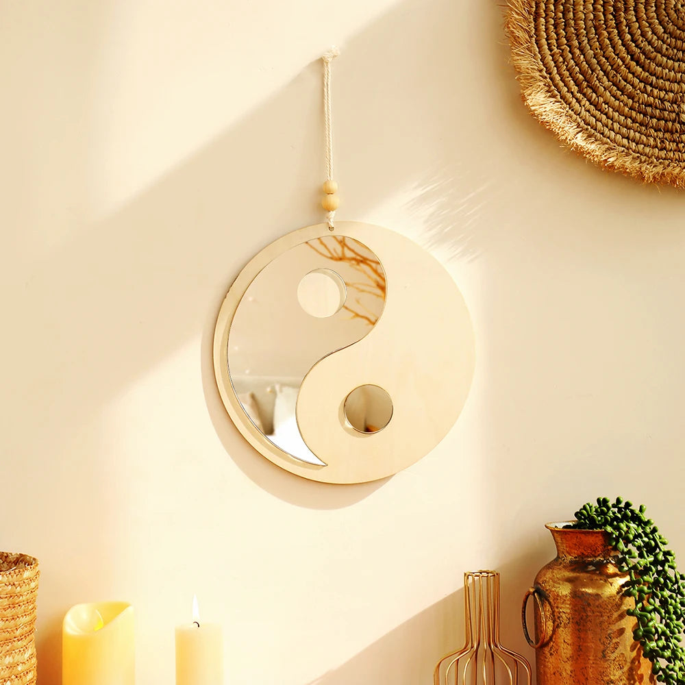 décoration murale yin yang bois miroir bohème zen minimaliste suspension
