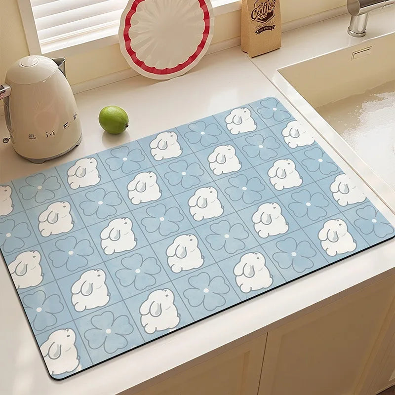 tapis cuisine moderne carreaux bleus blancs motifs flocons lapins
