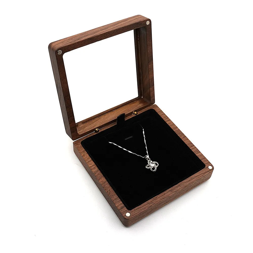boîte bijoux bois velours pendentif argenté pierres précieuses classique coussin noir emballage présentation