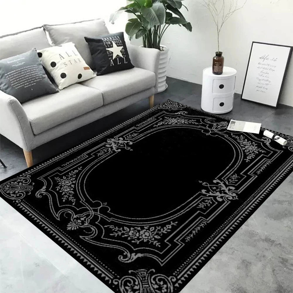 tapis salon moderne motif géométrique noir blanc décoration maison intérieur vintage bohème chic