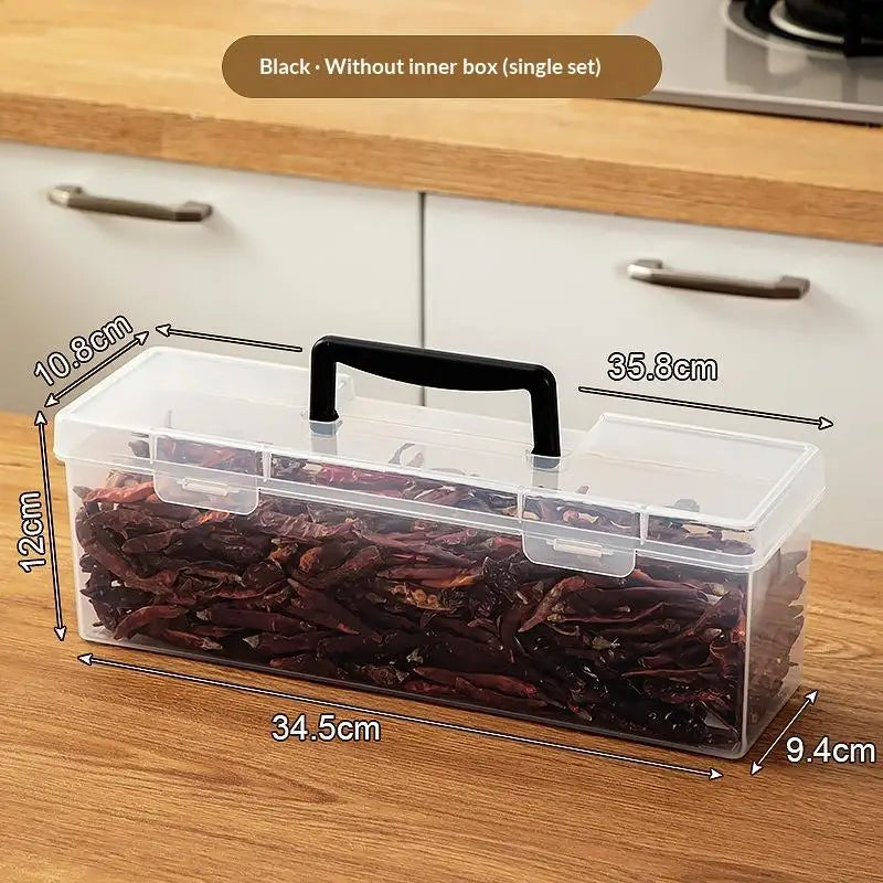 boîte rangement épices transparente poignée noire compartiments herbes piments camping voyage moderne pratique