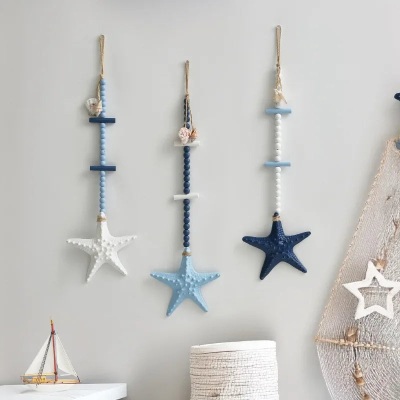 décoration murale marin étoiles mer coquilles blanc bleu clair bleu foncé texture bois fixations