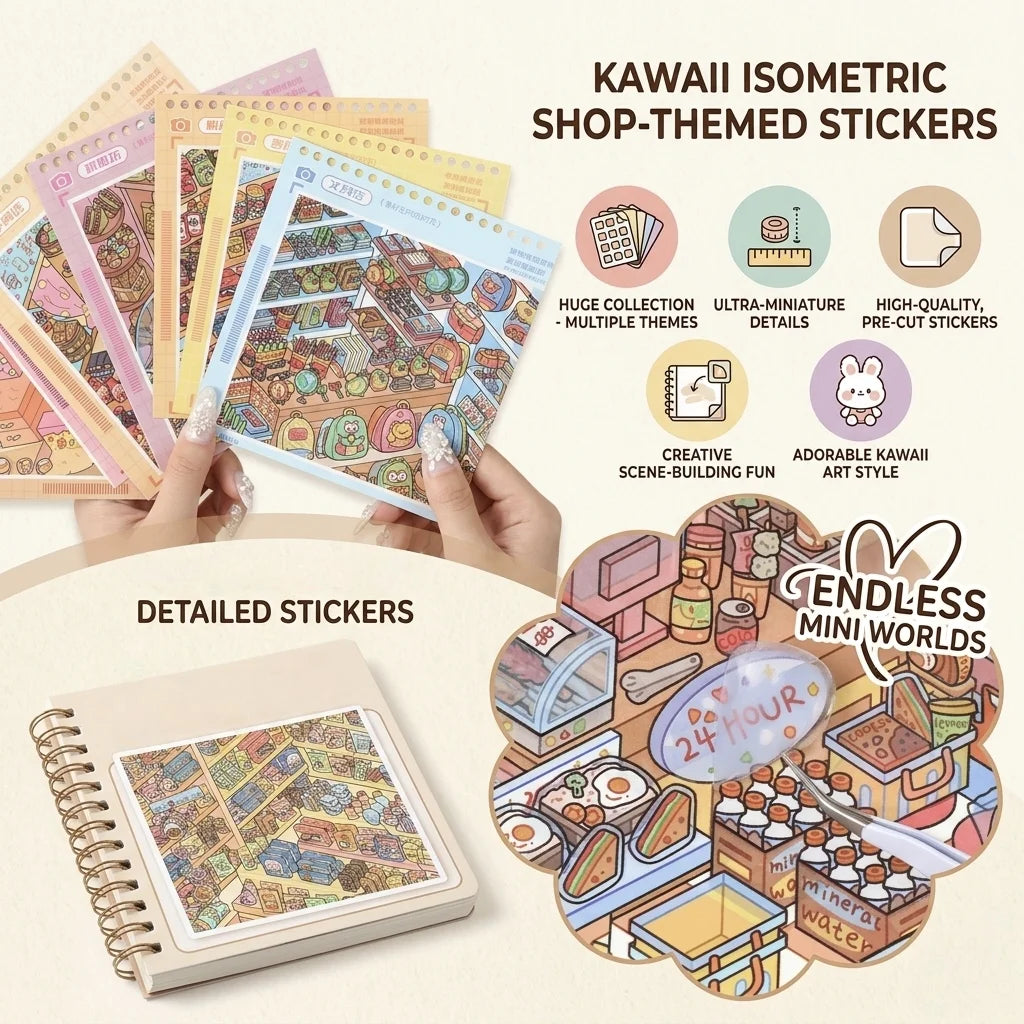 stickers kawaii multicolores isométriques scènes supermarché produits alimentaires boissons enfants créatifs imagination