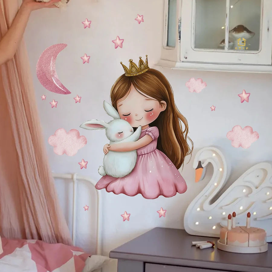 sticker mural dessin animé petite fille lapin nuages étoiles chambre enfant rose blanc doré