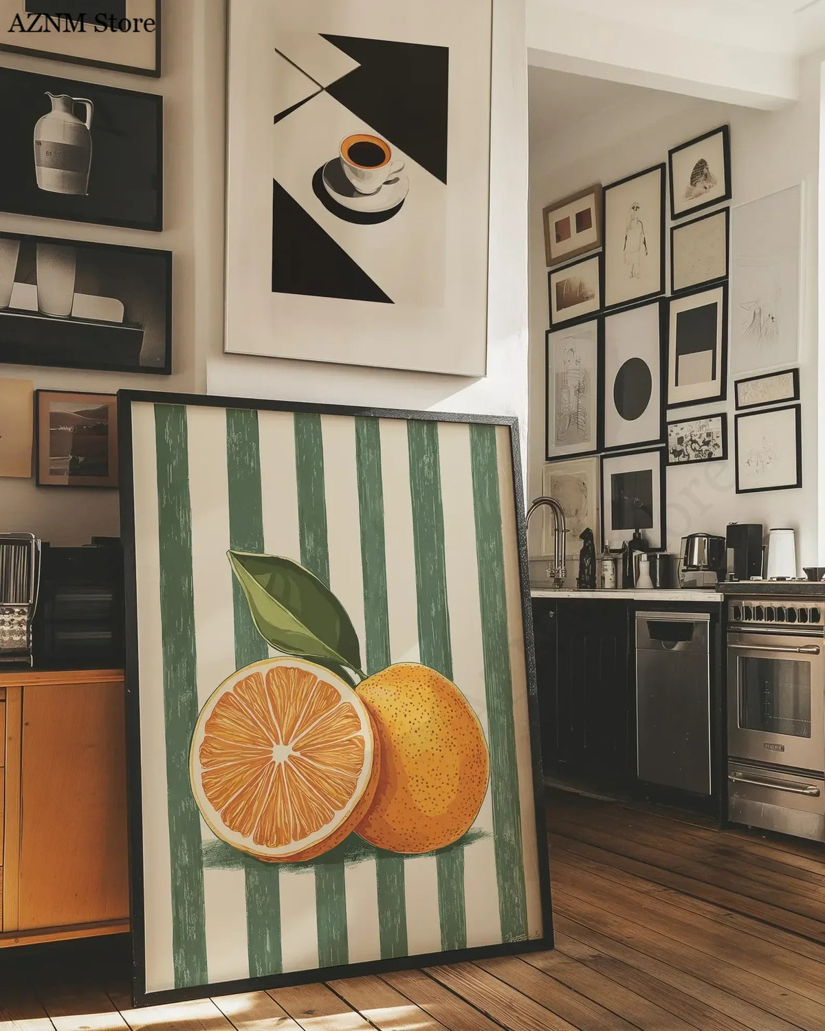 tableau moderne orange feuille toile rectangulaire minimaliste mural chic illustration verte chambre blanc decoration