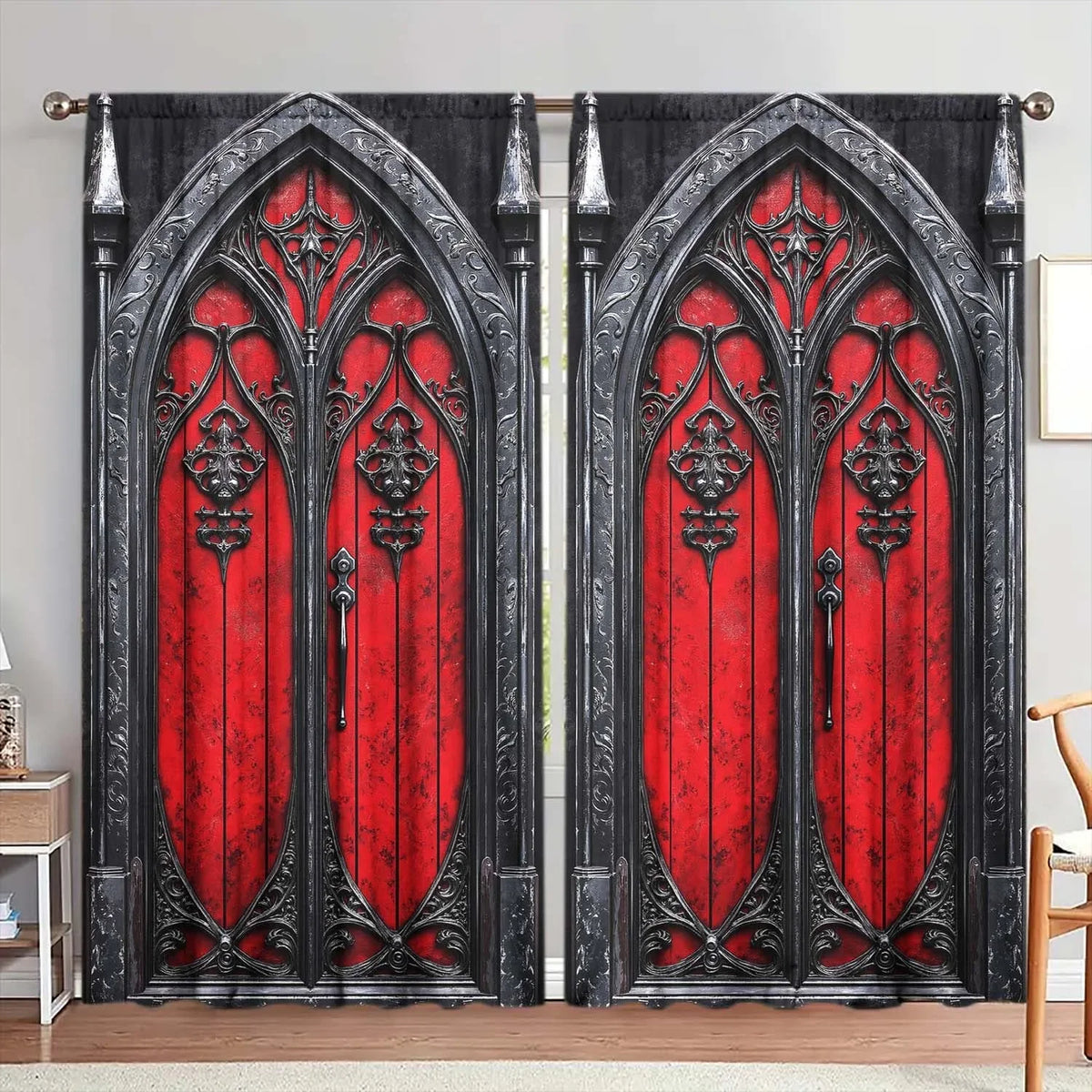 rideaux gothiques noirs rouges ornements sculptés opaques panneaux polyester européen