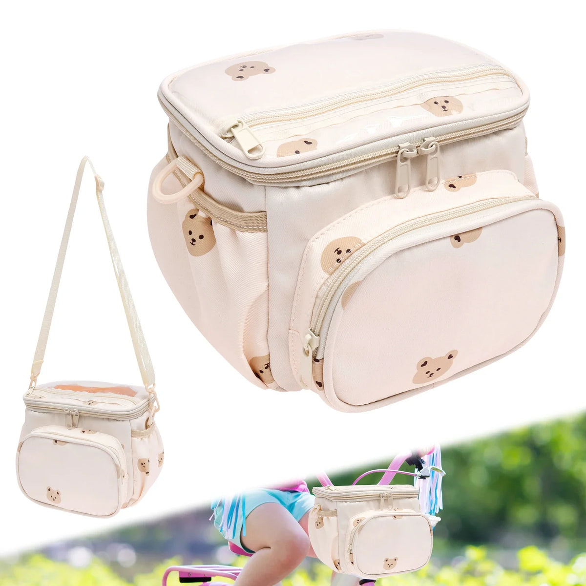 sacoche bébé panier vélo ours motif enfant bandoulière ajustable tissu nylon transparent
