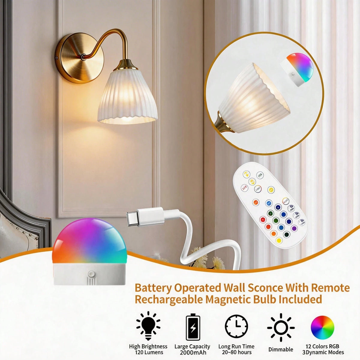 lampe murale rechargeable or blanc plissée télécommande led rgb moderne chambre salon entrée