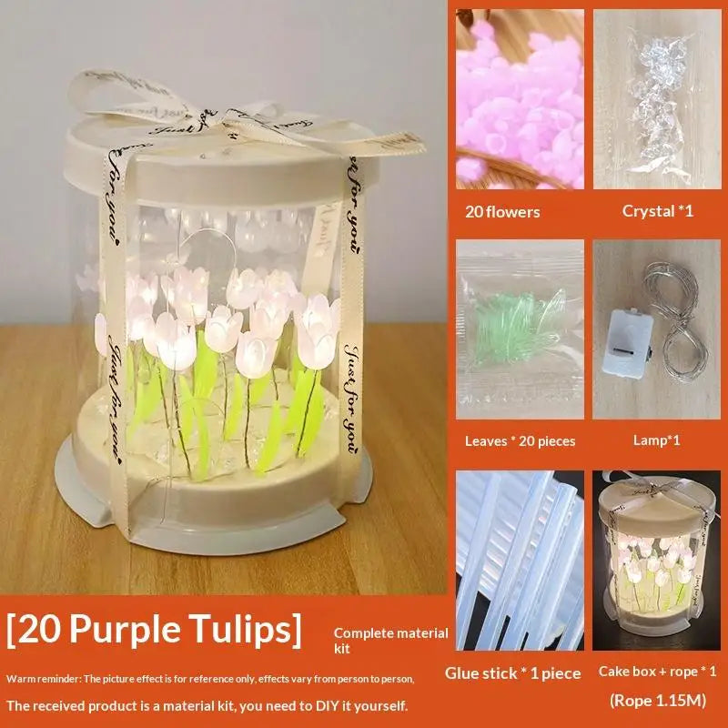 boîte gâteau lumineuse transparente tulipes colorées moderne décoration chambre veilleuse artisanale feuilles plastique