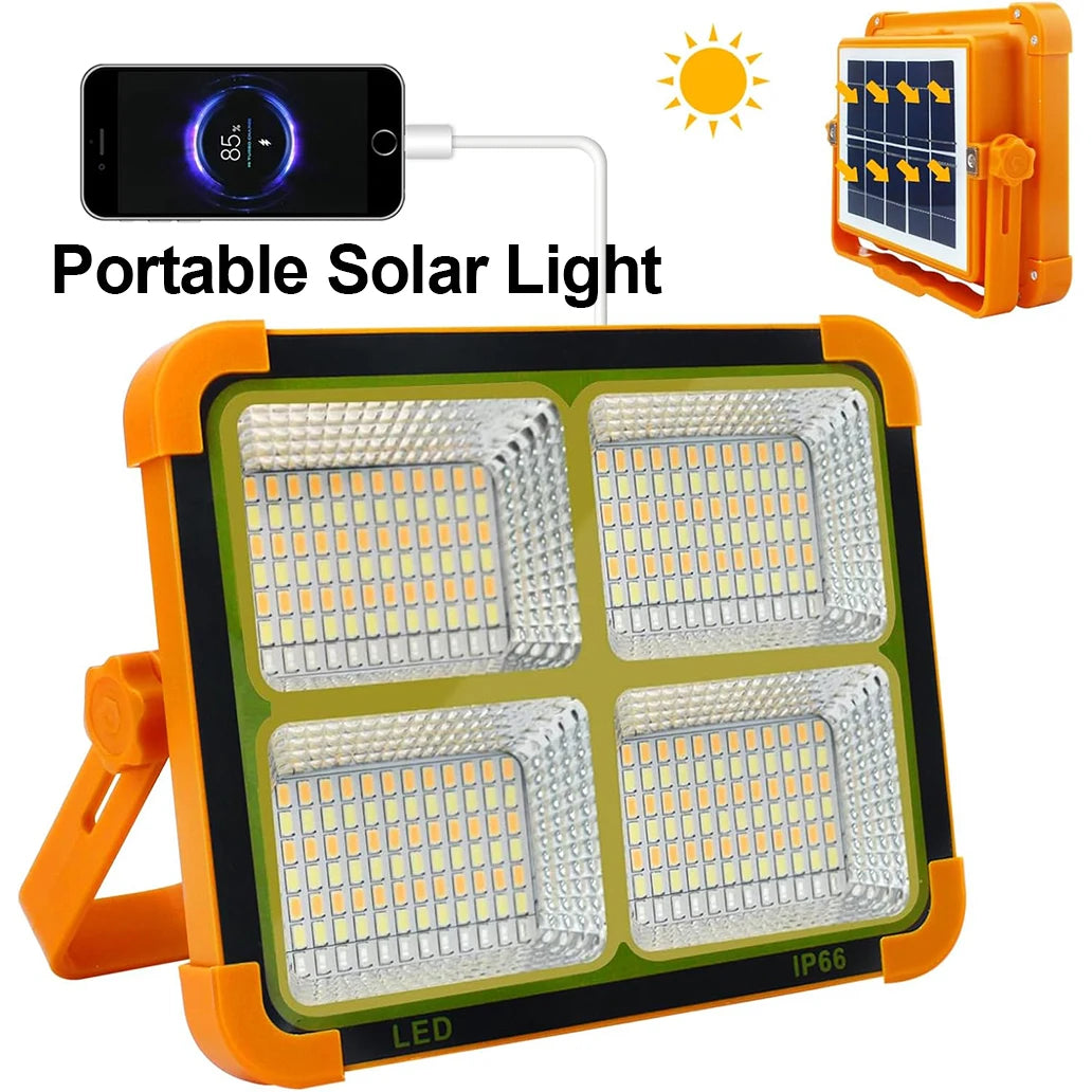 lampe solaire portable orange moderne étanche ip66 poignée articulée panneau solaire usb
