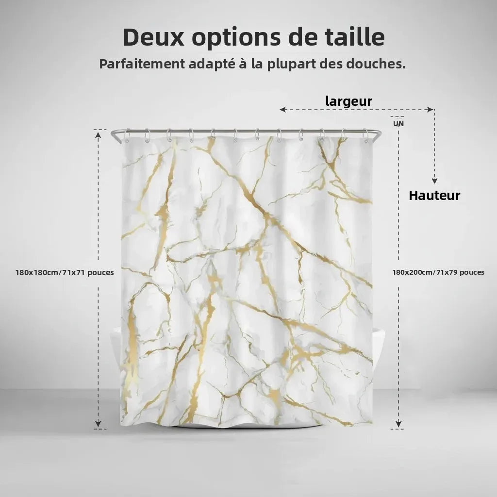 rideau douche marbre blanc doré moderne 12 crochets opacité polyester salle bain decoration