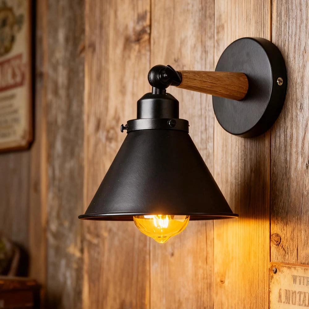 lampe murale industrielle vintage conique noire blanche bois led étude chambre salle bain entree