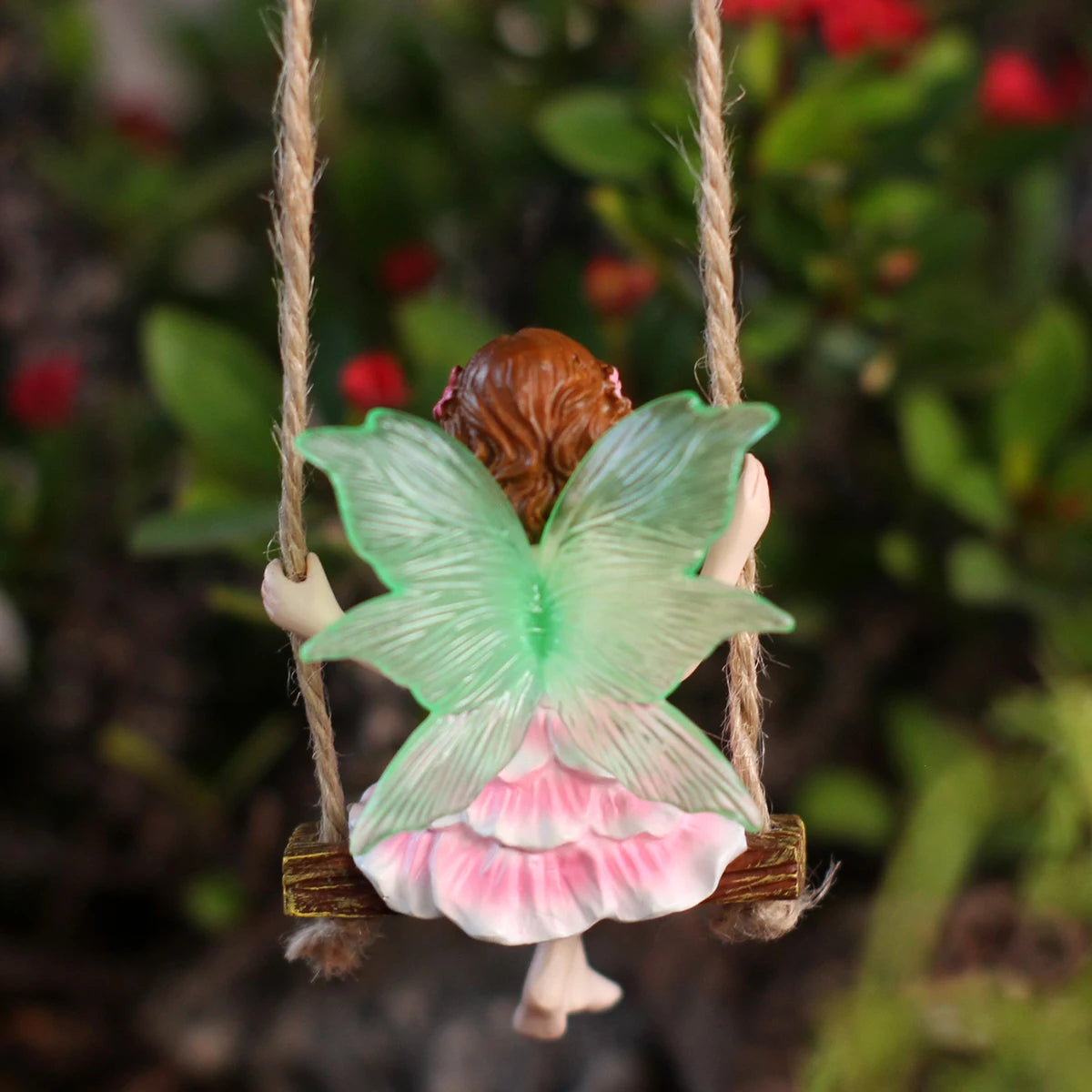 figurine fée rose ailes translucides balançoire bois miniature fantaisieextérieur jardincadeau fantaisiste volants ondulés